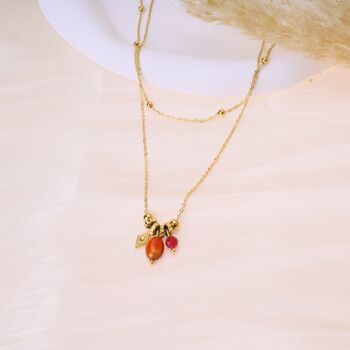 Collier doré double chaîne et mini perles rouges 1