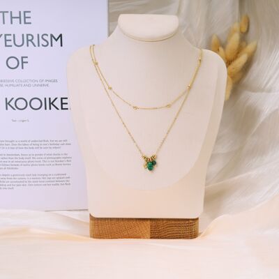 Golden double chain necklace and mini green pearls
