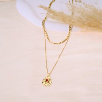 Double chain golden necklace with pendant and red stone