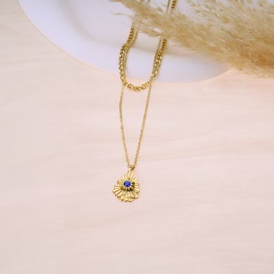 Golden double chain necklace with pendant and blue stone