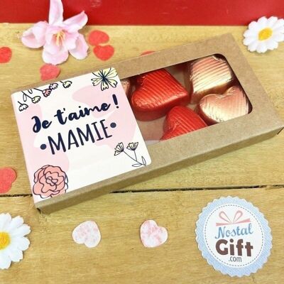 Cœurs "Je t'aime Mamie" au chocolat au lait et chocolat noir praliné