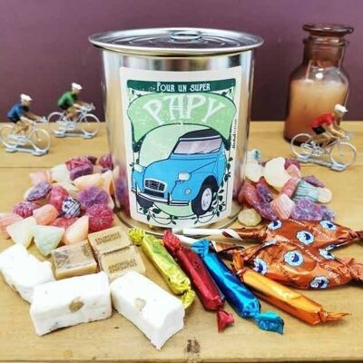 Old candy box: Tin can filled with candies "For a super grandpa"