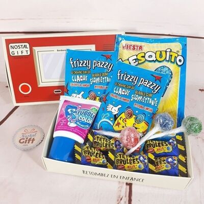Geschenkbox: Retro-Konsolenbox gefüllt mit Zungenfleckbonbons