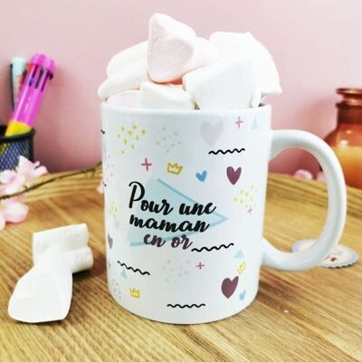 Tasse "Für eine goldene Mama" gefüllt mit Marshmallow-Herz X 10