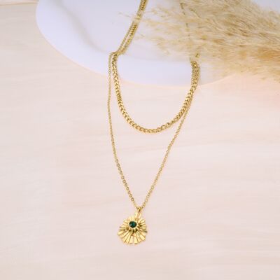 Double chain golden necklace with pendant and green stone