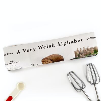 Ein Geschirrtuch mit sehr walisischem Alphabet