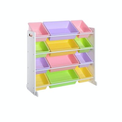 Toy rack with colored compartments