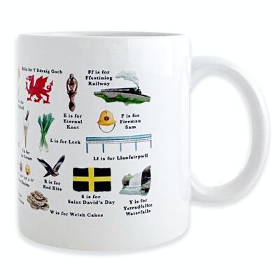 Eine Tasse mit sehr walisischem Alphabet