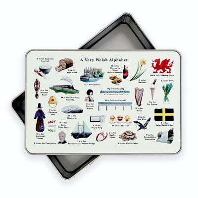 Una scatola di latta con alfabeto molto gallese