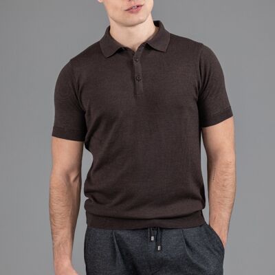 Opaque short-sleeved polo shirt in chocolate merino