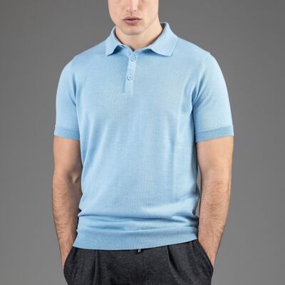 Short-sleeved opaque sky blue merino polo shirt