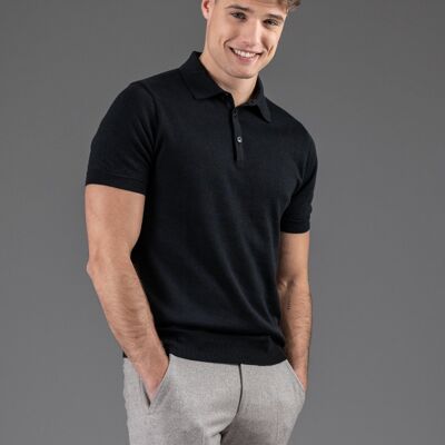 Opaque short-sleeved polo shirt in black merino