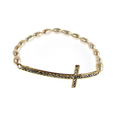Bracelet Elastiqué Croix en Cristal de Perles d'Eau Douce Eternelle DB0212A