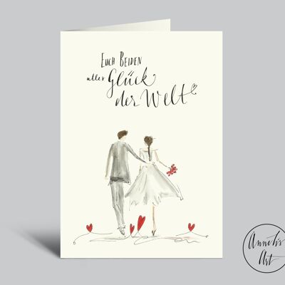 carte de mariage | Les nouveaux mariés et les cœurs | Toute la chance du monde | Carte pliée aquarelle