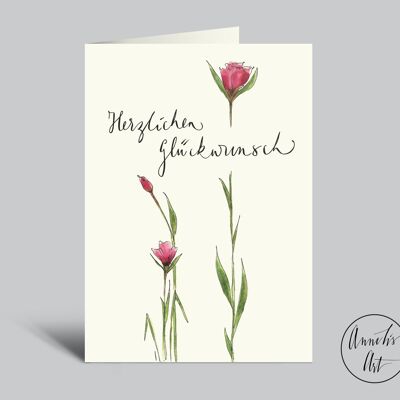 Glückwunschkarte | Herzlichen Glückwunsch | Aquarell Klappkarte mit Blumen