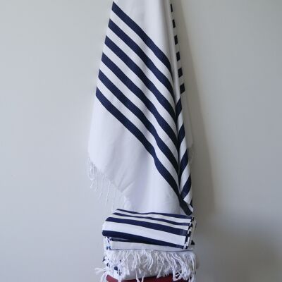 Asciugamano da spiaggia e da bagno in cotone 100% - Bianco con strisce blu scuro