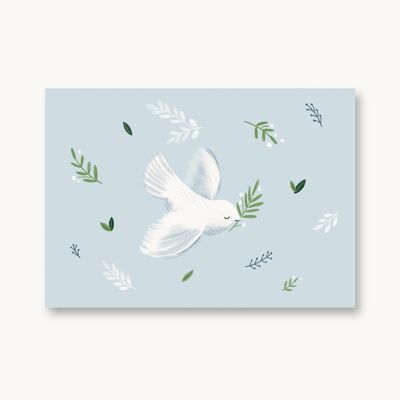 Carte postale colombe - fleurs bleues