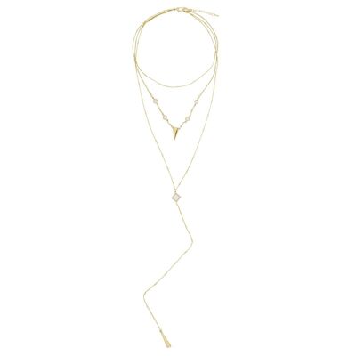 Collana lunga Boho multi fila contemporanea in oro e cristalli Glasto DN1231G