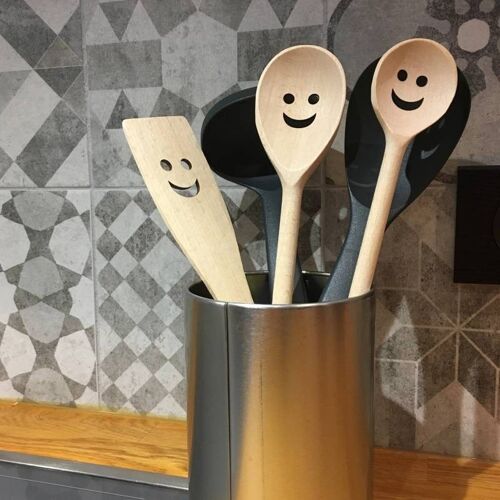 Happy spoon - SET de 2 cuillères et 1 spatule en bois -smiley - sourire - joyeux