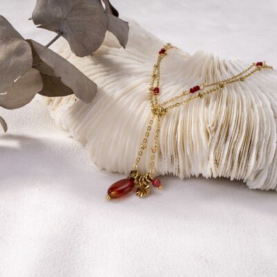 Golden double chain necklace with red beads