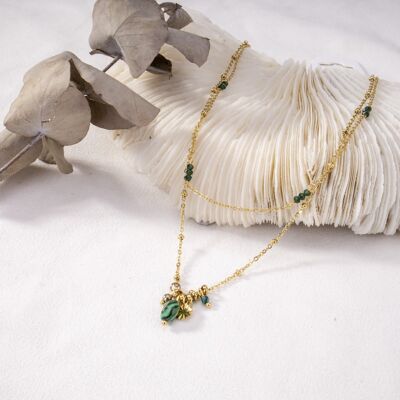 Golden double chain necklace with green beads
