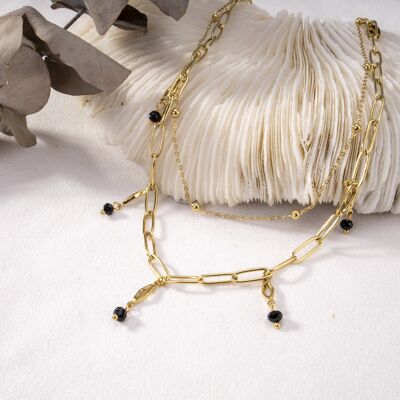 Collana doppia catena dorata e mini perle pendenti nere