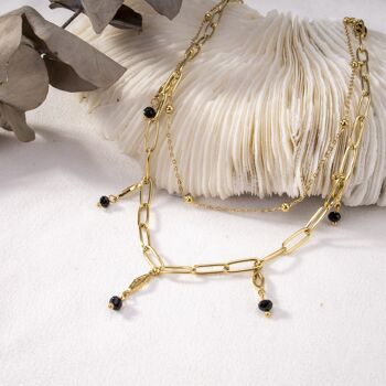 Collier doré double chaîne et mini perles noires pendantes 1