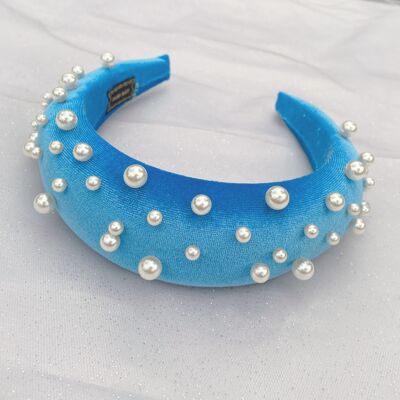 Cerchietto blu con fascia per capelli imbottita di perle