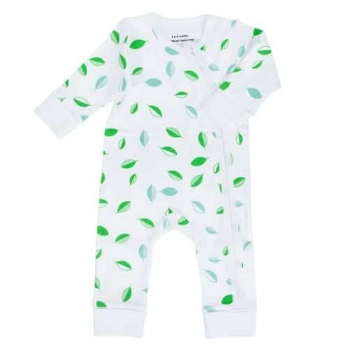 Organic cotton zip sleepsuit, Tumbling Leaves - 3-6months