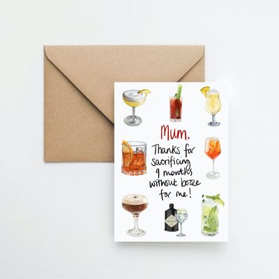 9 months no booze Mother's Day A6 greeting card with fully recyclable packaging