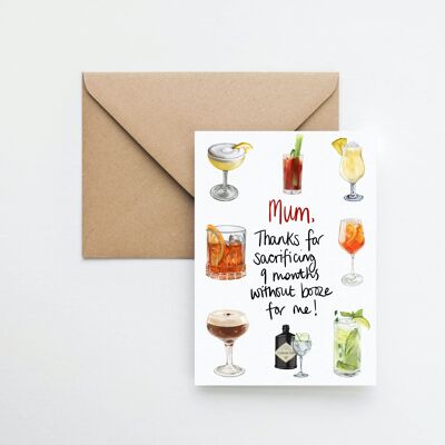 9 months no booze Mother's Day A6 greeting card with fully recyclable packaging