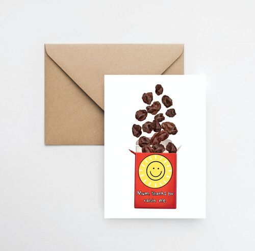 Thanks for raisin me A6 greeting card with fully recyclable packaging