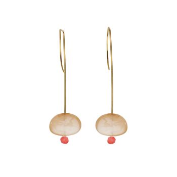 Boucles d'oreilles pendantes droites avec pierre de lune pêche et perles rondes 14