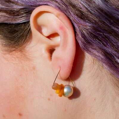 Angled Curled Earrings with Orange Sea Bamboo, Pink Coral and Yellow Agate