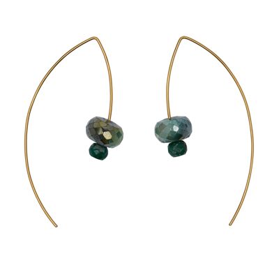 Boucles d'oreilles longues courbes avec pierre de lune vert émeraude et corindon émeraude