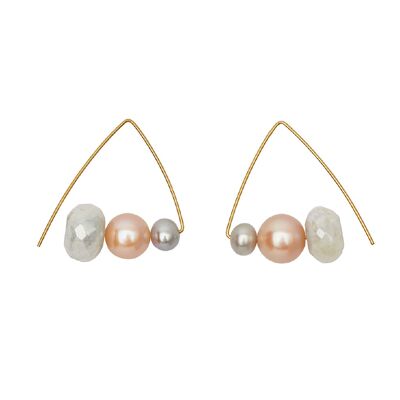 Triangle Earrings with White Moonstones, Pink & Grey Freshwater Pearls