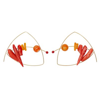Boucles d'oreilles double boucle avec corail bambou orange durable et agate