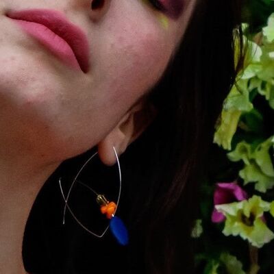 Double Loop Earrings with Lapis Lazuli Slice, Gold Quartz, Orange Bamboo Coral