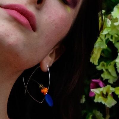 Boucles d'oreilles Double Boucle avec Tranche de Lapis Lazuli, Quartz Doré, Corail Bambou Orange