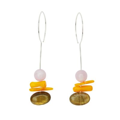 Drop Earrings with Kunzite, Orange Sea Bamboo and Labradorite Oval