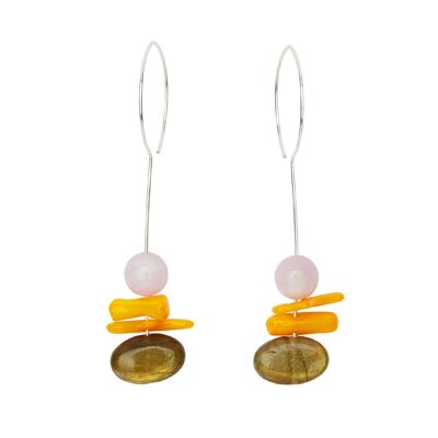 Pendants d'oreilles avec Kunzite, Orange Sea Bamboo et Labradorite Oval