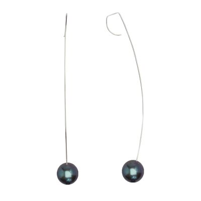 Long Curved Drop Earrings with Round Freshwater Pearls