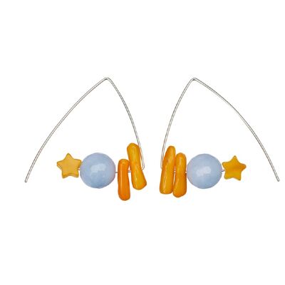 Triangle Earrings with Yellow Aventurine star, Aquamarine and Orange Sea Bamboo