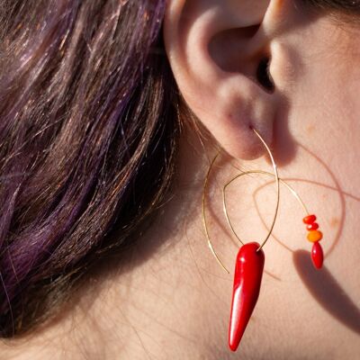 Large Angled Loop Earrings with Red Coral and Orange Coral