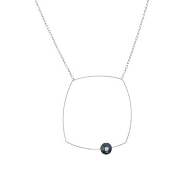 Grand collier pendentif carré avec perle d'eau douce ronde