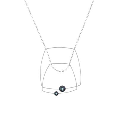 Collier pendentif double carré avec perles d'eau douce rondes