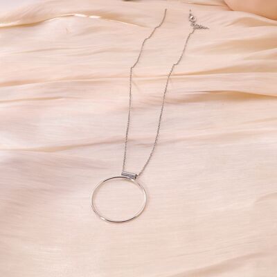 Silver long necklace, simple chain with round pendant