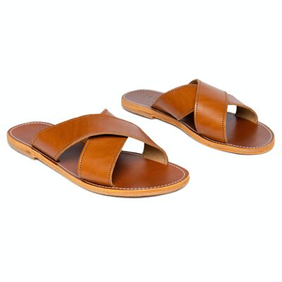 Women's Leather Flat Sandals Without Attachment, Mules, Camel Color, Kleos