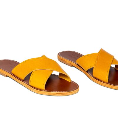 Women's Leather Flat Sandals Without Attachment, Mules, Mustard Color, Kleos