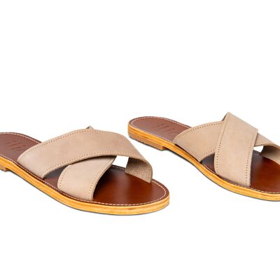 Flache Damensandalen aus Leder ohne Befestigung, Pantoletten, Farbe Nubuk Taupe, Kleos